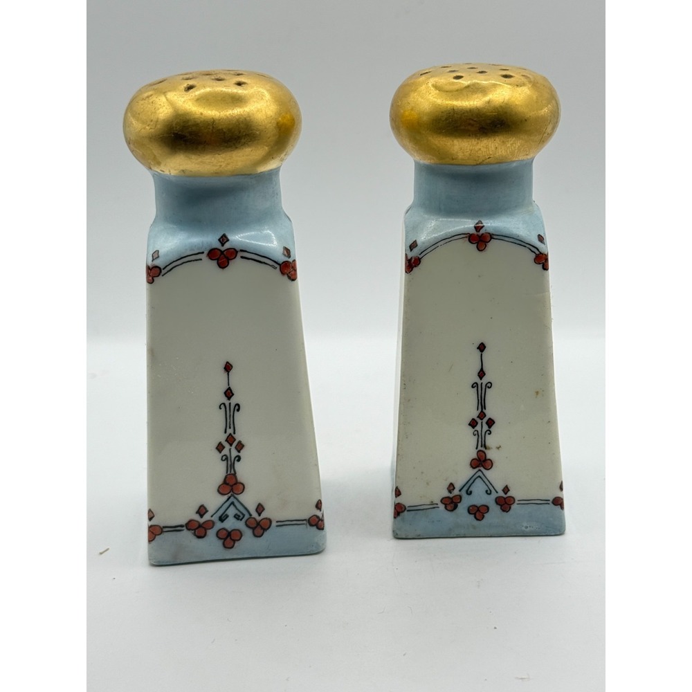 Vintage Porcelain Salt Pepper Shakers Gold Top Floral Art Deco Cottage Farmhouse